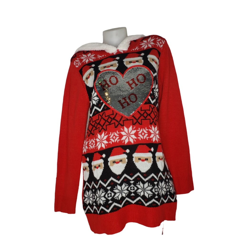 HO HO HO Red Sequined Hooded Ugly Christmas Sweater Size XL